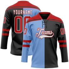 Charger l'image dans la galerie, Custom Black Red Powder Blue-White Split Fashion Hockey Lace Neck Jersey
