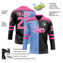 Laden Sie das Bild in den Galerie-Viewer, Custom Black Pink Powder Blue-White Split Fashion Hockey Lace Neck Jersey
