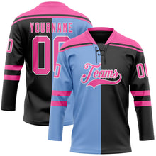 Laden Sie das Bild in den Galerie-Viewer, Custom Black Pink Powder Blue-White Split Fashion Hockey Lace Neck Jersey
