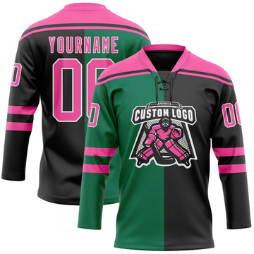 Custom Black Pink Kelly Green-White Split Fashion Hockey Lace Neck Jersey