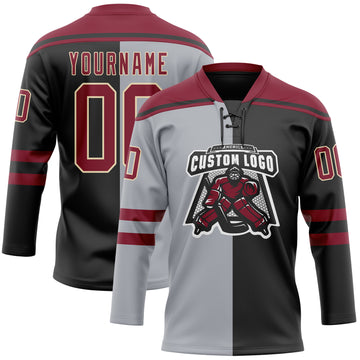 Custom Black Crimson Gray-Cream Split Fashion Hockey Lace Neck Jersey