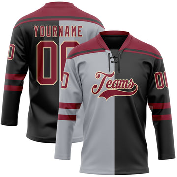 Custom Black Crimson Gray-Cream Split Fashion Hockey Lace Neck Jersey