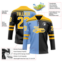 Laden Sie das Bild in den Galerie-Viewer, Custom Black Gold Powder Blue-White Split Fashion Hockey Lace Neck Jersey
