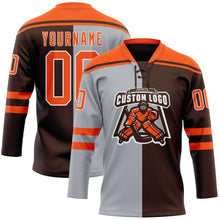Laden Sie das Bild in den Galerie-Viewer, Custom Brown Orange Gray-White Split Fashion Hockey Lace Neck Jersey
