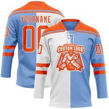 Laden Sie das Bild in den Galerie-Viewer, Custom Powder Blue Orange-White Split Fashion Hockey Lace Neck Jersey
