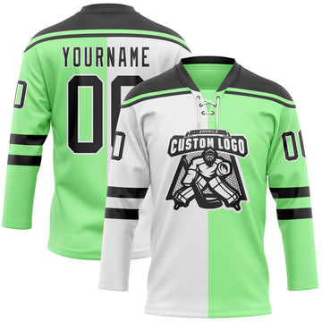Custom Pea Green Black-White Split Fashion Hockey Lace Neck Jersey