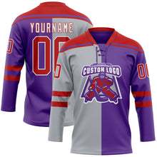 Laden Sie das Bild in den Galerie-Viewer, Custom Purple Red Gray-White Split Fashion Hockey Lace Neck Jersey
