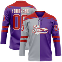 Laden Sie das Bild in den Galerie-Viewer, Custom Purple Red Gray-White Split Fashion Hockey Lace Neck Jersey
