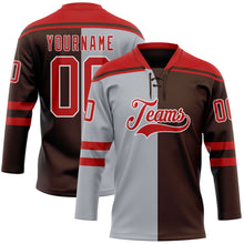 Laden Sie das Bild in den Galerie-Viewer, Custom Brown Red Gray-White Split Fashion Hockey Lace Neck Jersey
