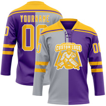 Charger l'image dans la galerie, Custom Purple Gold Gray-White Split Fashion Hockey Lace Neck Jersey
