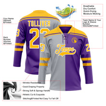 Charger l'image dans la galerie, Custom Purple Gold Gray-White Split Fashion Hockey Lace Neck Jersey
