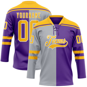 Custom Purple Gold Gray-White Split Fashion Hockey Lace Neck Jersey