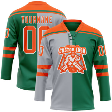 Custom Kelly Green Orange Gray-White Split Fashion Hockey Lace Neck Jersey
