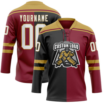 Custom Crimson White Black-Old Gold Split Fashion Hockey Lace Neck Jersey