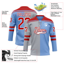Load image into Gallery viewer, Custom Powder Blue Red Gray-White Split Fashion Hockey Lace Neck Jersey
