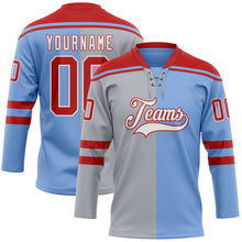 Load image into Gallery viewer, Custom Powder Blue Red Gray-White Split Fashion Hockey Lace Neck Jersey
