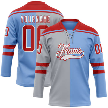 Custom Powder Blue Red Gray-White Split Fashion Hockey Lace Neck Jersey