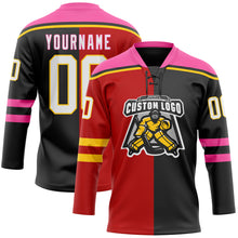 Charger l'image dans la galerie, Custom Black White Red Pink-Yellow Split Fashion Hockey Lace Neck Jersey
