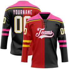 Charger l'image dans la galerie, Custom Black White Red Pink-Yellow Split Fashion Hockey Lace Neck Jersey
