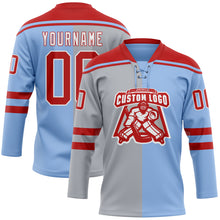 Load image into Gallery viewer, Custom Light Blue Red Gray-White Split Fashion Hockey Lace Neck Jersey
