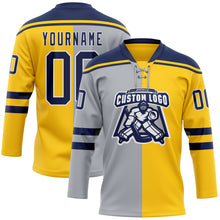 Charger l'image dans la galerie, Custom Yellow Navy Gray-White Split Fashion Hockey Lace Neck Jersey
