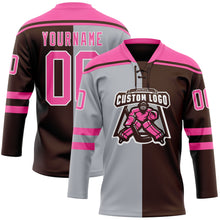 Laden Sie das Bild in den Galerie-Viewer, Custom Brown Pink Gray-White Split Fashion Hockey Lace Neck Jersey
