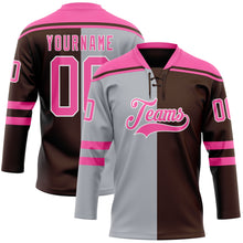 Laden Sie das Bild in den Galerie-Viewer, Custom Brown Pink Gray-White Split Fashion Hockey Lace Neck Jersey

