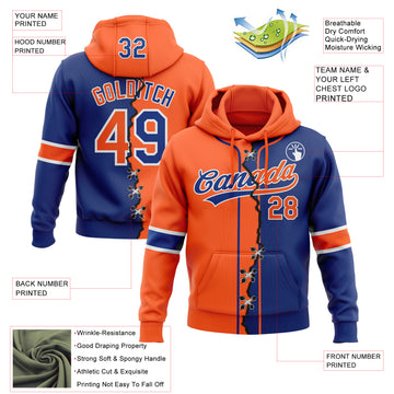 Custom Royal Orange-White Split Ripped Pattern Baseball Pullover Sweatshirt Hoodie
