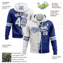 Load image into Gallery viewer, Custom Royal White-Gray Split Ripped Pattern Baseball Pullover Sweatshirt Hoodie
