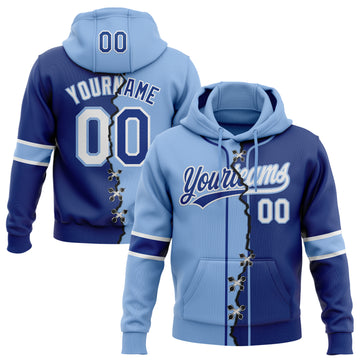 Custom Royal White-Light Blue Split Ripped Pattern Baseball Pullover Sweatshirt Hoodie