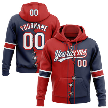 Custom Navy White-Red Split Ripped Pattern Baseball Pullover Sweatshirt Hoodie