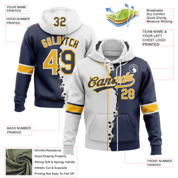 Custom Navy Gold-White Split Ripped Pattern Baseball Pullover Sweatshirt Hoodie