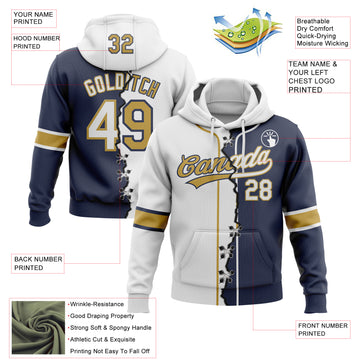Custom Navy White-Old Gold Split Ripped Pattern Baseball Pullover Sweatshirt Hoodie