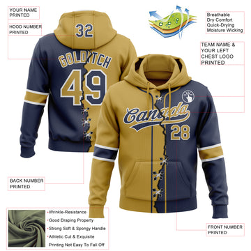 Custom Navy Old Gold-White Split Ripped Pattern Baseball Pullover Sweatshirt Hoodie