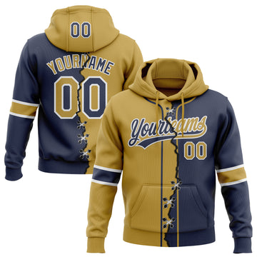 Custom Navy Old Gold-White Split Ripped Pattern Baseball Pullover Sweatshirt Hoodie