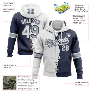 Custom Navy White-Gray Split Ripped Pattern Baseball Pullover Sweatshirt Hoodie