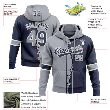 Custom Navy Gray-White Split Ripped Pattern Baseball Pullover Sweatshirt Hoodie