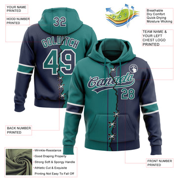 Custom Navy Teal-White Split Ripped Pattern Baseball Pullover Sweatshirt Hoodie