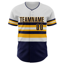 Laden Sie das Bild in den Galerie-Viewer, Custom White Navy-Gold Block Stripes Lines Milwaukee Style Authentic Baseball Jersey
