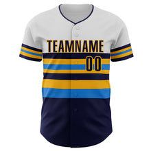 Load image into Gallery viewer, Custom White Navy Electric Blue-Gold Block Stripes Lines Tampa Bay Style Authentic Baseball Jersey

