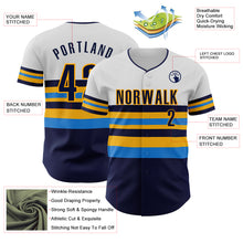 Load image into Gallery viewer, Custom White Navy Electric Blue-Gold Block Stripes Lines Tampa Bay Style Authentic Baseball Jersey

