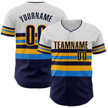 Load image into Gallery viewer, Custom White Navy Electric Blue-Gold Block Stripes Lines Tampa Bay Style Authentic Baseball Jersey

