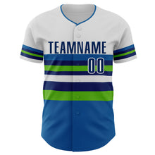 Load image into Gallery viewer, Custom White US Navy Blue Blue-Aurora Green Block Stripes Lines Minnesota Style Authentic Baseball Jersey
