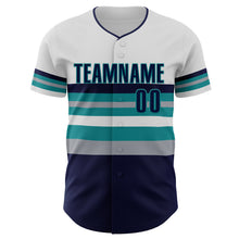 Load image into Gallery viewer, Custom White Navy Gray-Teal Block Stripes Lines Seattle Style Authentic Baseball Jersey
