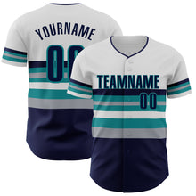 Load image into Gallery viewer, Custom White Navy Gray-Teal Block Stripes Lines Seattle Style Authentic Baseball Jersey
