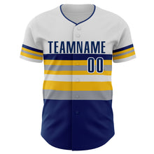 Load image into Gallery viewer, Custom White US Navy Blue Yellow-Gray Block Stripes Lines Indiana Style Authentic Baseball Jersey
