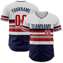 Load image into Gallery viewer, Custom White Red Navy-Gray Block Stripes Lines Minnesota Style Authentic Baseball Jersey
