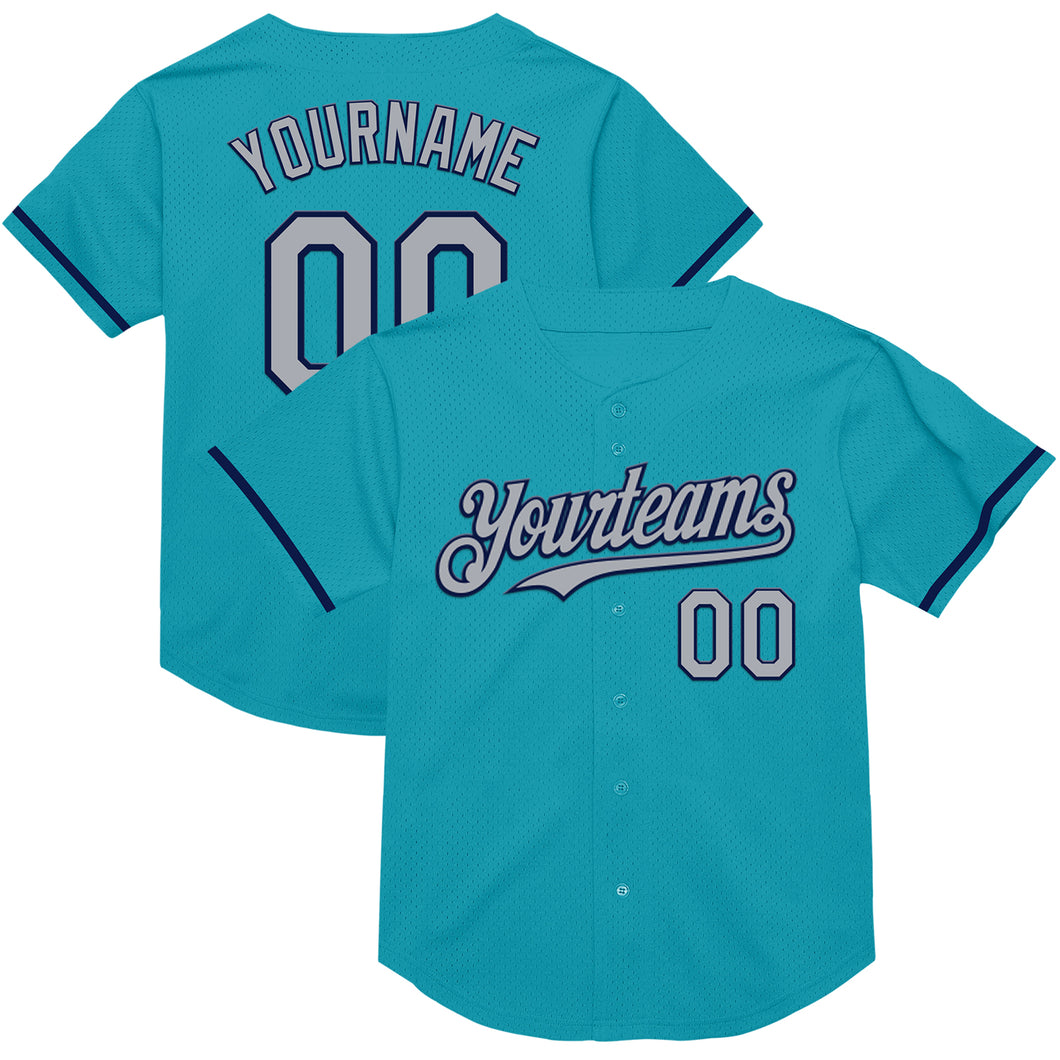 Custom Teal Gray-Navy Mesh Authentic Throwback Baseball Jersey