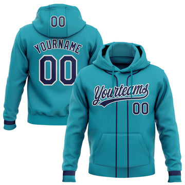 Custom Stitched Teal Navy-White Baseball Pullover Sweatshirt Hoodie