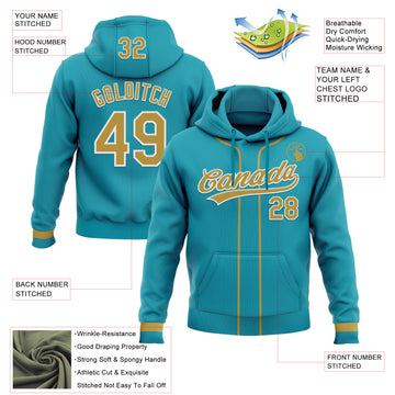Custom Stitched Teal Old Gold-White Baseball Pullover Sweatshirt Hoodie